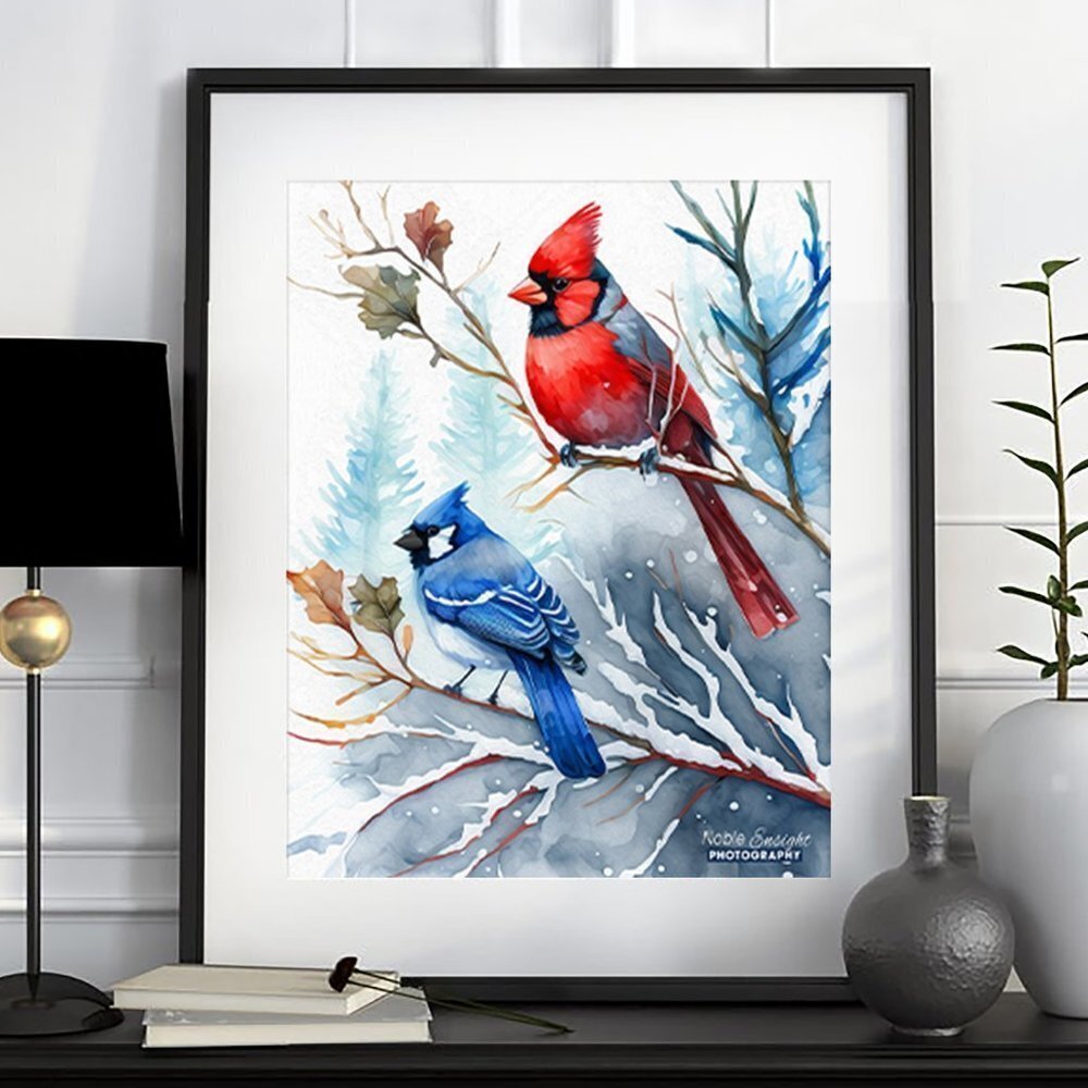 8x10 Blue Jay Red Cardinal Snow Birds‎ Watercolor Illustration Painting …